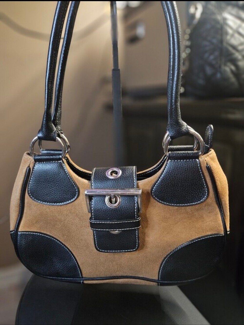 Classic Black Leather And Tan Suede Moon Shoulder Bag